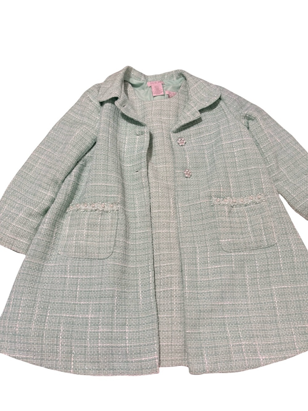 Rachel Zoe Girls Mint Tweed Coat & Dress Set Size 8 Pearl Trim Easter Wedding